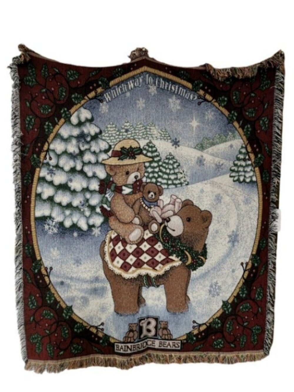 1997 Bainbridge Bears Which Way to Christmas Xmas Tapestry Throw 52" x 60"